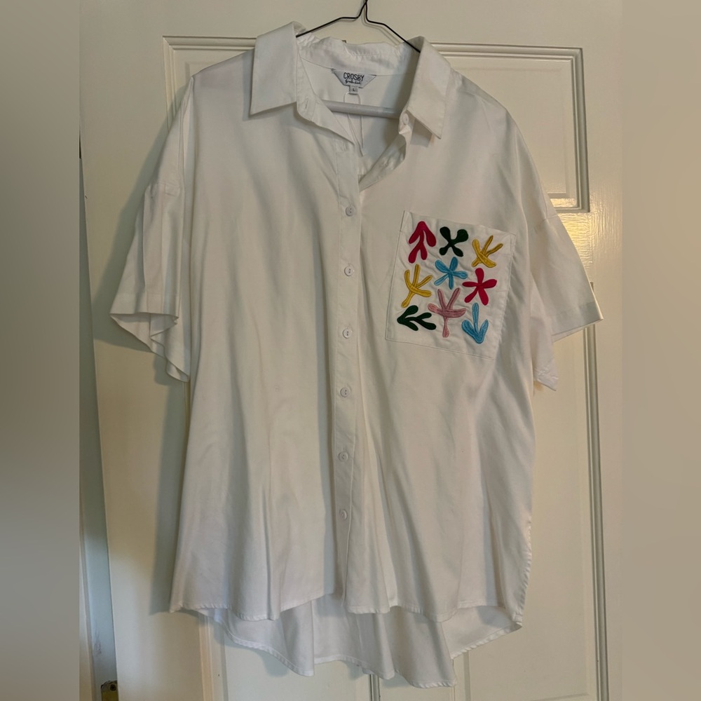 Crosby by Mollie Burch White Button Down Shirt with Multicolor Pocket Embroidery